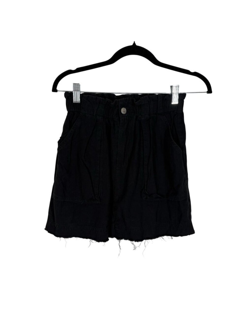 For Good Women S Black Cotton Linen Casual Pockets Raw Hem Paperbag Skirt